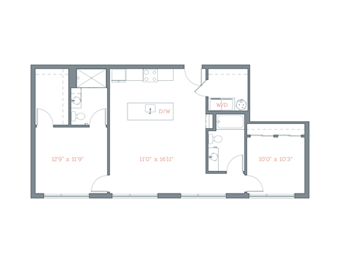 Floor plan for 2 beds, 2 baths, 1000 sqft